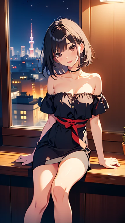 top-quality、Top image quality、masterpiece、Girl vs((18 years old、best bust、big bast,beautiful purple eyes、Breasts wide open, blue hair ponytail、A slender one、Great Valley、、Reflecting the whole body、Be red in the face、shinning eyes、White Y-shirt、Black bra、a black skirt、Stripping posture、A slight smil)）high high quality、beautiful art、Background with((Office at night)))、,On the table、visual art、depth of fields、