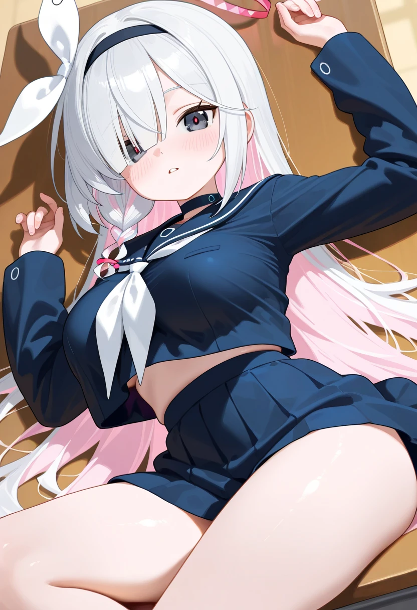 Girl with white hair,Wear white underwear,white panties,White knee-length socks,soles of feet,Look up