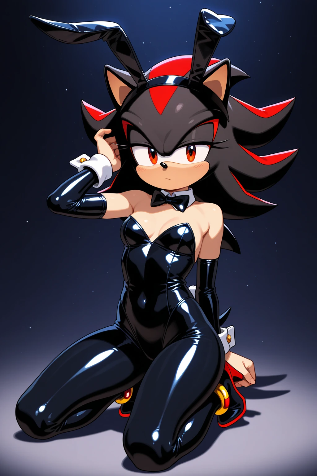 Sonic the Hedgehog Style Image, Shadow the Hedgehog feminina, Female Shadow, portraite, cut the body, bored expression wearing a tight dress with sweetheart neckline indoors
