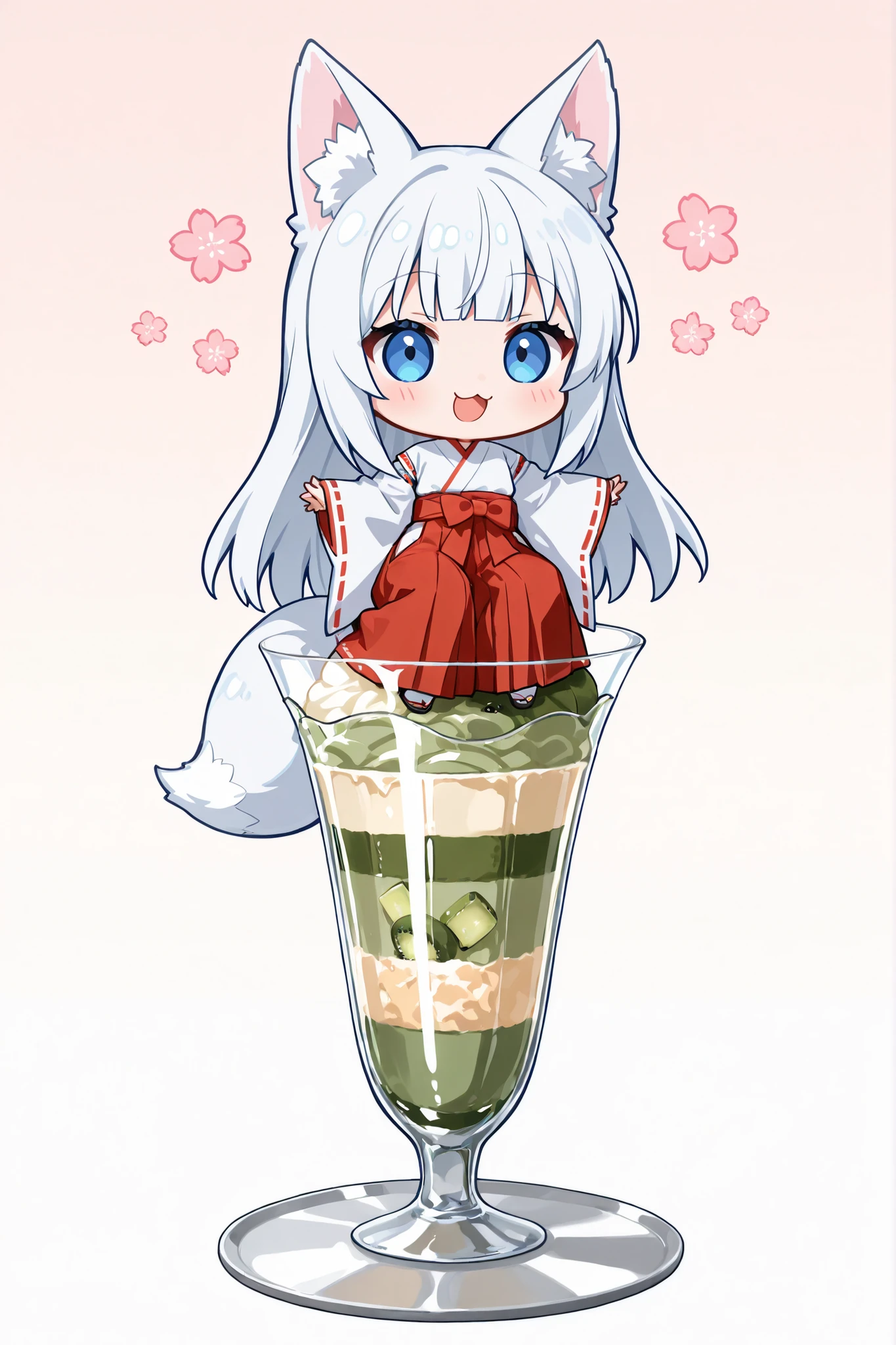 ((Masterpiece)),((best quality)),((incredibly absurdres)),((8K)),(anime style),
1 ((chibi girl)),(solo),white hair,long hair,straight hair,blue eyes,cute,kawaii,BREAK (white fox ears,white fox tail),white ear hair,pink inner ear,
(miko),Maiden miko outfit,wide sleeves,Red Hakama,shirt tucked in,
happy smile,(:3),open mouth,
(Matcha parfait:1.3) on table,((Matcha dessert),soft and fluffy texture,
(Countless parfaits:1.3),pastel background, soft room interior,full body,