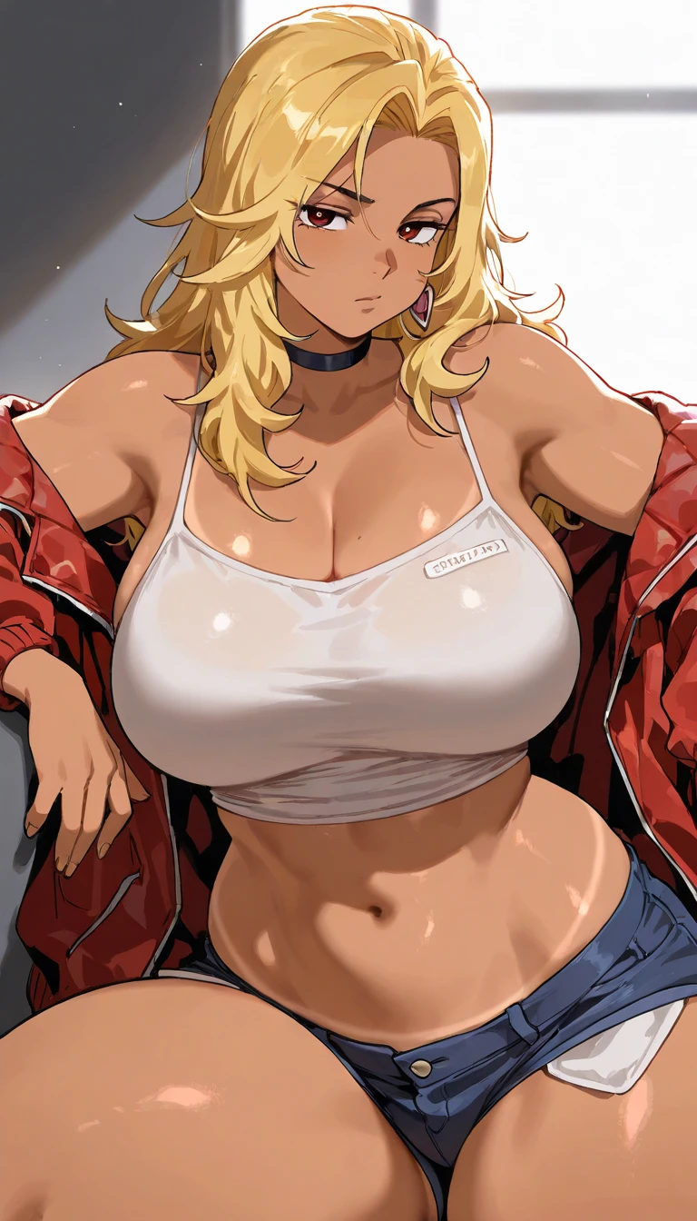 Blonde with ponytail huge breasts white shirt with navel showing red jacket open zipper cleavage short denim shorts black panties huge sexy cleavage