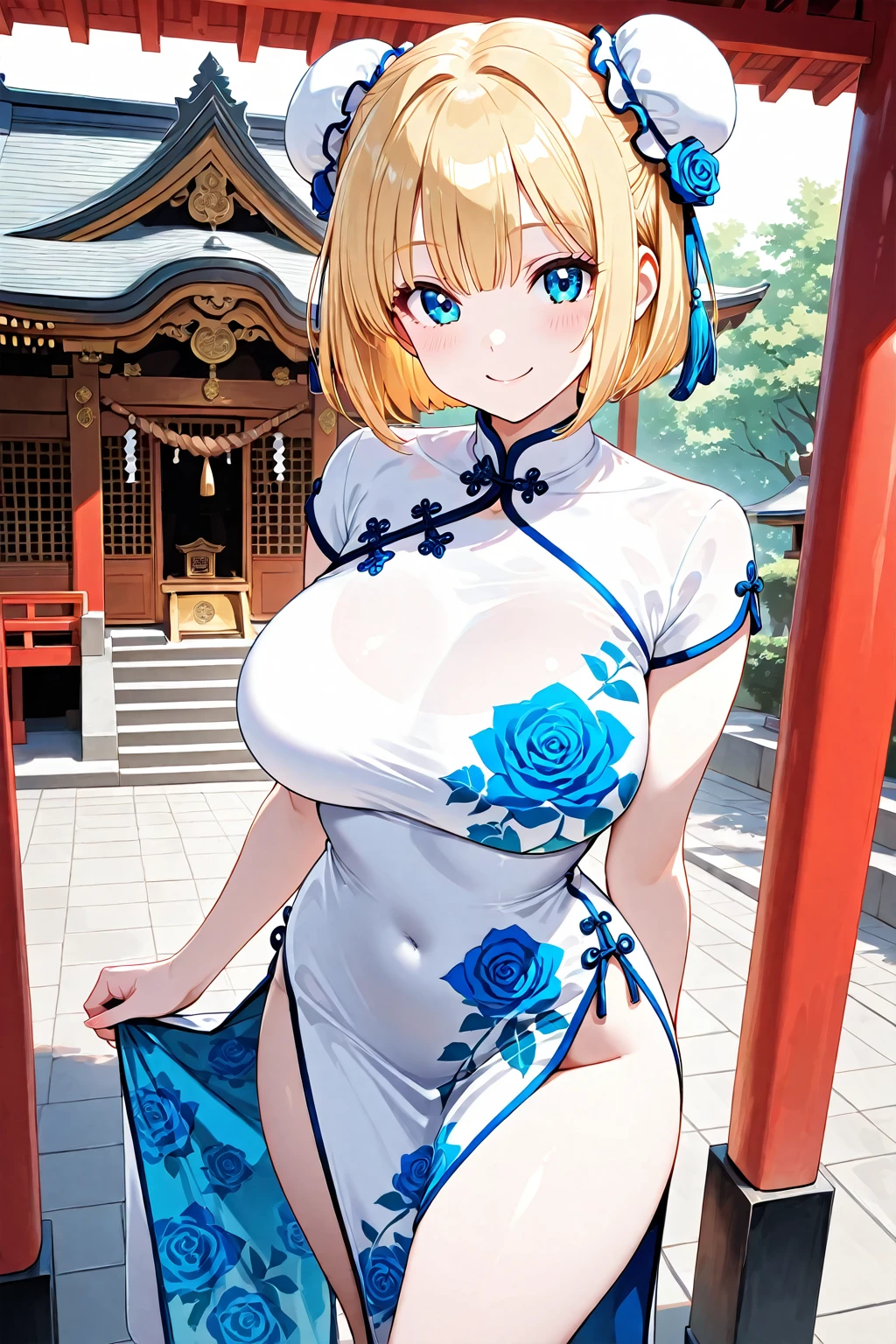 (masterpiece,highest quality,超A high resolution),Japanese women, (((Very beautiful 18 year old girl))), pretty girl、Look at the photographer、 ((Beautiful blonde bob hair)), Very cute face, Glossy Lips, Double eyelids on both eyes, blue eyes, Natural smile、 Natural Makeup, Long eyelashes, Shiny and smooth hair、Center image, Perfect limbs, Perfect Anatomy,(((Shiny Chinese Dress white panties))),undressing panties,nipples、Wet with sweat,Cowboy Shot,