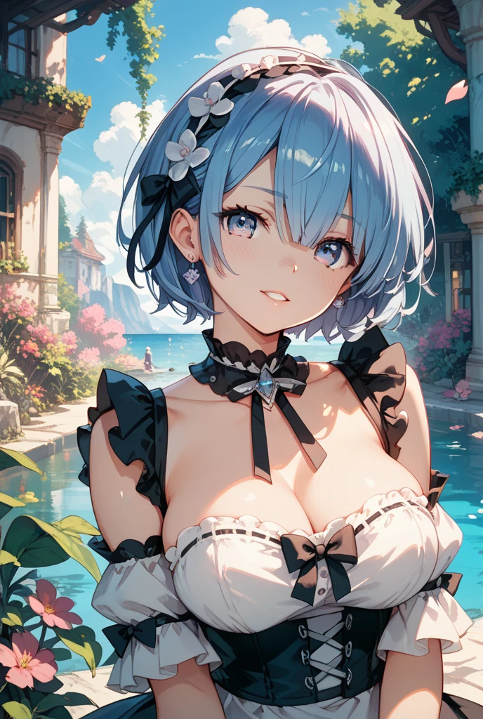 ((masterpiece, highest quality, 8K, High resolution:1.5)), 1 girl, Cat ear, white skin, medium breasts, pointed chest, aqua eye, bob cut, fantasy, smile, blush, chest squeeze, Blue pond, 