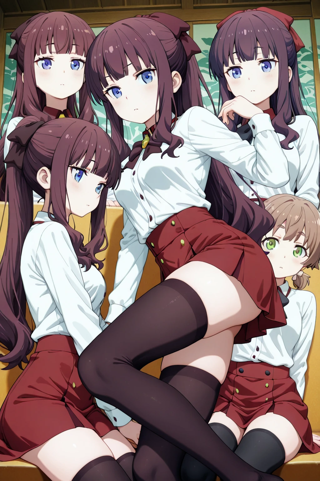 female teacher(36 years old、Brown Hair、tall、suit)and female student(12 years old、Red hair、Flat Chest、child)have a fight、Angry expression、Glare、Remove underwear、Nipples、Group Sex、Outdoor
