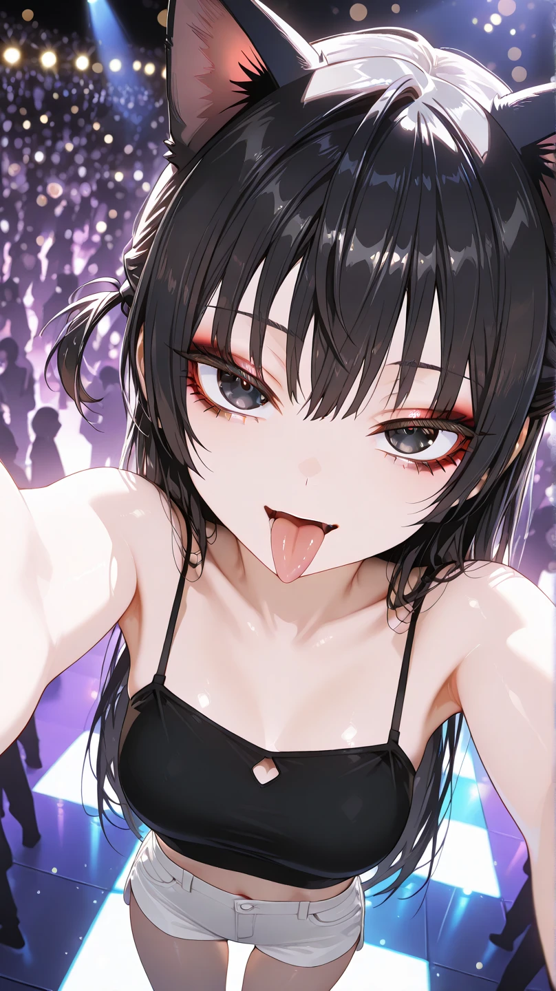 slouch,handjob,side view,eye-level shot,face focus,open mouth,tongue out,cum on tongue,Licking the penis,(1girl,Beautiful 14 year old girl),((Slender,Small breasts,Baby Face,Small face,)),looking at viewer,Black Hair,bangs,two side up,Gray Eyes,Drooping eyes,slit pupils,narrow eyes,collarbone,black t-shirt,off-shoulder look,Black and red checkered short skirt,Beautiful and detailed anime art,Mischievous smile,Dimly lit room,Simple Background,Gray background,Low lighting