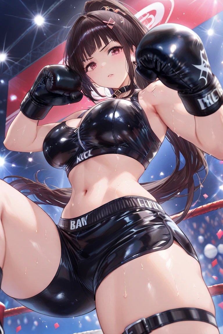 Single, girly, boxing gloves, black sports bras, stockings, Asian, long hair, cleavage