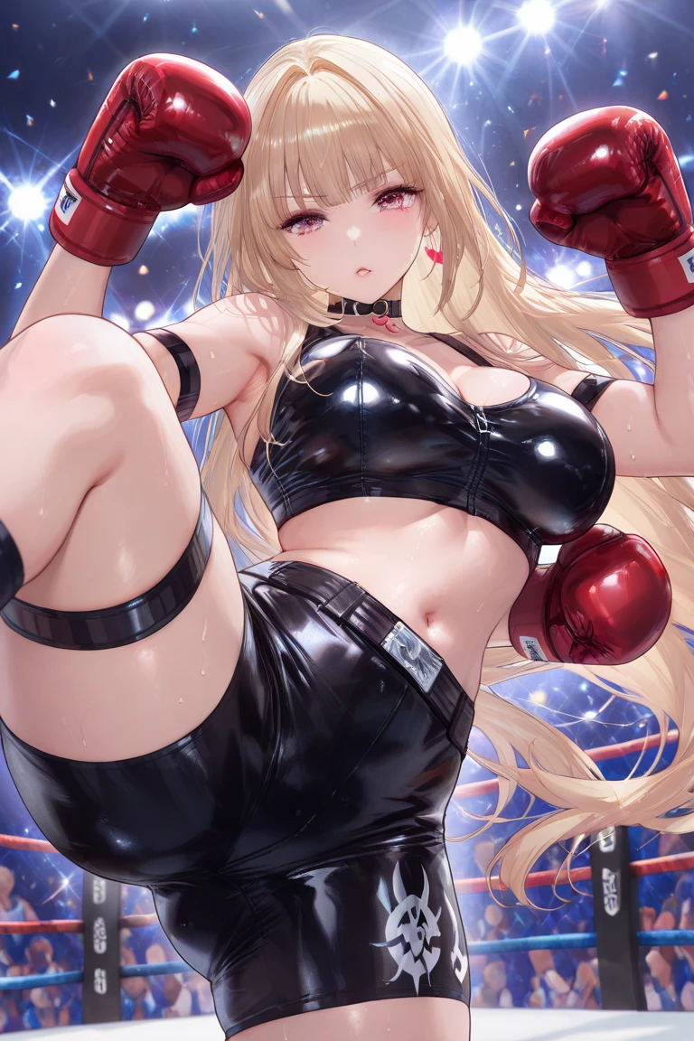 (Best Quality, masutepiece),ultra detailed photographic,1girl in, Female Boxers ,straight punch,Large breasts,At the boxing venue,Detailed beautiful face,Beautiful eyes,detailed hairs,detailed clothes,Detailed realistic skin,Cool,Dynamic Angle,Shine your eyes in the dark,from below