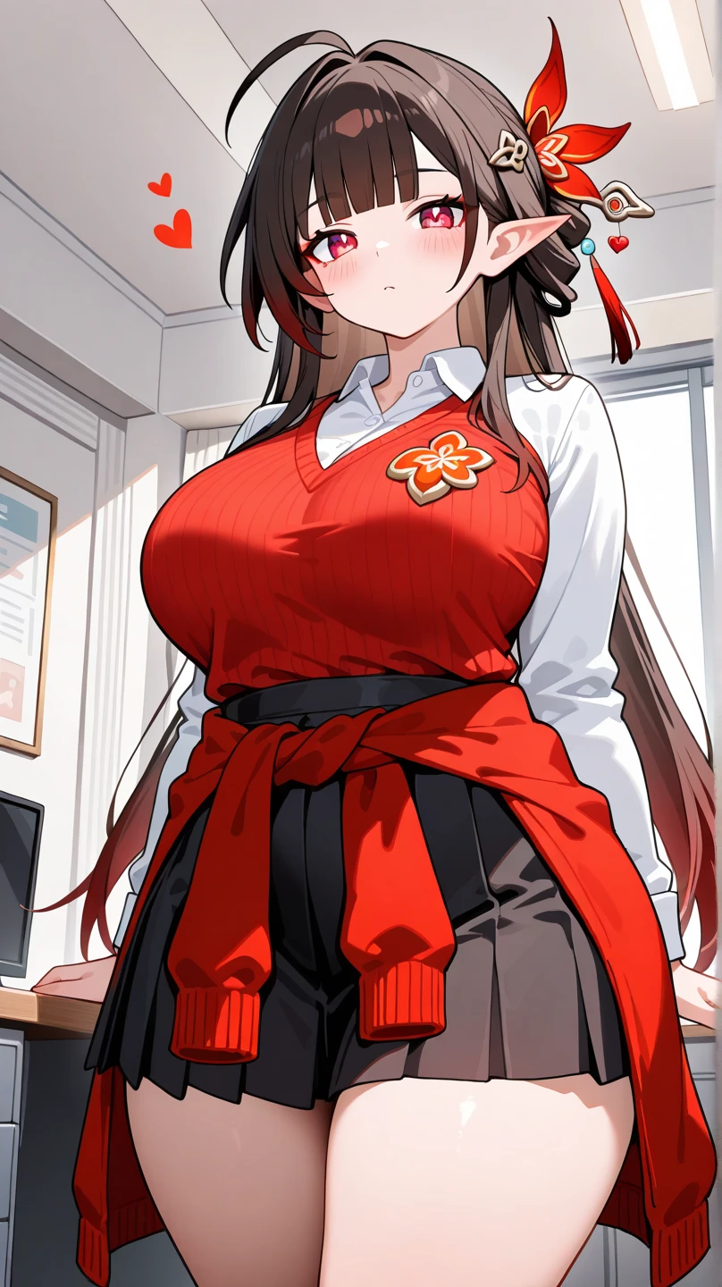 (Best quality, detailed clothes, detailed body, full body) A girl with pink long hair, a side ponytail, orange eyes and big breasts, She's wearing casual clothes consisting in a white shirt, a red skirt, glasses, a hair bow, an orange scarf, black thighhighs and black boots, She's posing for a photo, leaning towards viewer while doing a v shape with her fingers, with detailed hands.