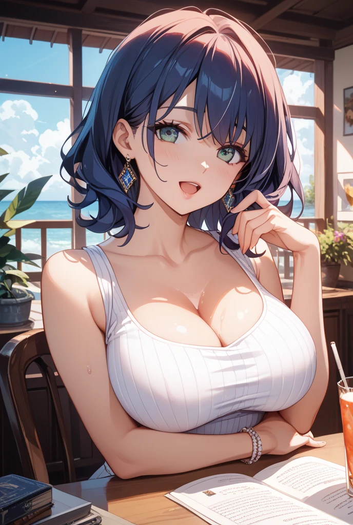 (Highest quality:1.4、masterpiece:1.4、Super detailed:1.4、8K:1.4)、((((1 person、Surprised expression、sit、Indoor cafe terrace、coastal、juice、table、Sandy Beach、juiceのグラスを持つ、Micro Bikini、Very soft boobs、Big eyes、Very cute face))))、(sunbeam:1.4)、F cup bust、Medium breast、Underboob