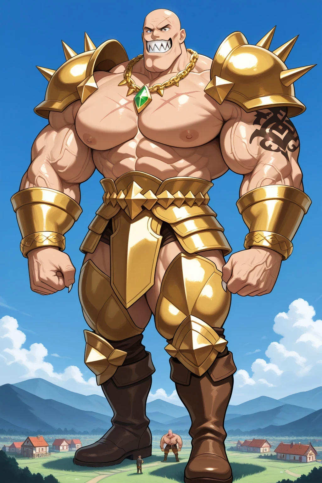 A giant muscular man, humanoid creature, bald man, gigantic chin, veins, tattoos, scars, golden armor, golden bracelets with jewels, golden necklaces with jewels, golden and silver belt, golden and brown boots, ginomous biceps enormous pectorals, sharp teeth sharp claws, full body, macro size, village background, saturaded colors, fairytale fantasy, blue sky background, a giant beanstalk behind.