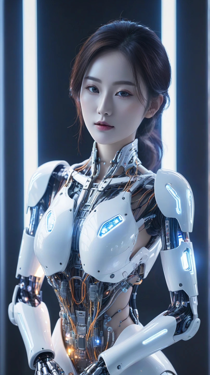 {{best quality, 1080P, Masterpiece, Ultra high resolution, photorealistic, ultra realism, Realistic skin texture, Extreme skin detail, dslr, Detailed eyes,  Facing the camera, very beautiful face, Concise facial structure, Pale skin, Realistic skin texture, Extreme skin detail, oc render reflection textures, Realistic light and shadow, Single picture, alone, gray hair, The body is slim and balanced., Age 20, Height 170, naked girl, Nude, no underwear, A girl with the body of a mechanical robot., Transparent futuristic black glass mech armor suit, The mechanical cervix is attached to the neck., The robot circuit is stuck in the middle of the back., flat stomach, Girl with perfect robot arms and legs, full body view, Whole body photo.}}