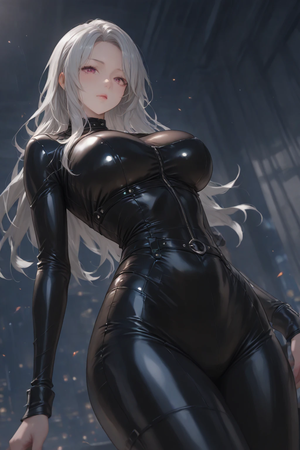 (Uhd, Masterpiece, Textured Skin, Super Detail, High Details, High Quality, Best Quality), Detailed Face, 1woman, mature pretty woman:1.5, wide hips, cowboy shot, Silver hair, (Black symbiotic outfit), (Huge body), (Long skeletal tail), Claws