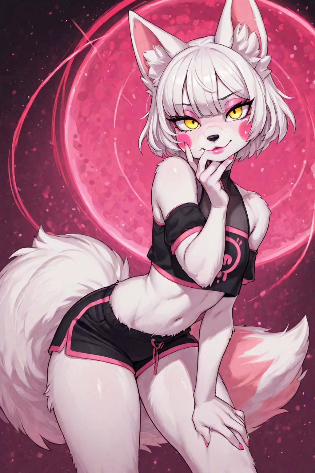 , score_9,score_8_up,score_7_up, source_cartoon, kemono style, an Anthro furry albino lynx girl, white furry body, black lynx spots, black ear tips, short white hair with pink tips on hair, pink highlights in hair, pink eyes, wearing black underwear, seductive, on her knees, full body shot, feet paws, 4 toes