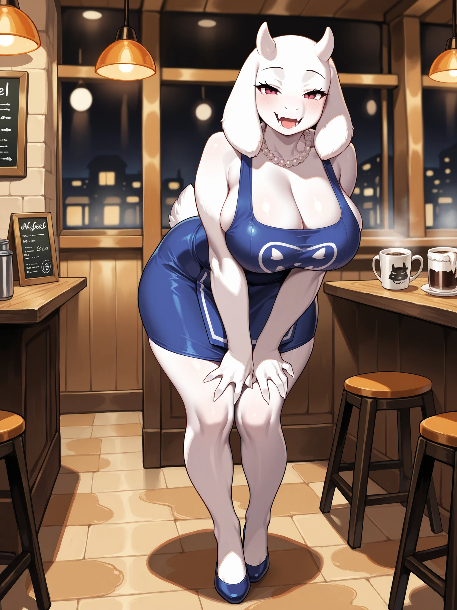(masterpiece, best quality), hairy:1.3, snout:1.2, The second:1.3, hairy:1.2, amazing quality, very aesthetic, absurd, Highres, new , HDR-10, 8K, Cinematic, professional photo, a girl, (((toriel:1.25))), big breasts, (Small but curvy), pearl necklace, Alone , (((seductive expression))), (((blue waitress dress with white apron and long pencil skirt:1))), In a restaurant at night, standing leaning forward, cafe ,with her mouth open, underground dispersion, translucent , brilliant, SSS, ambient lighting, atmospheric fog , IllustrationsP0s , (super quality:1.2), full body image:1,