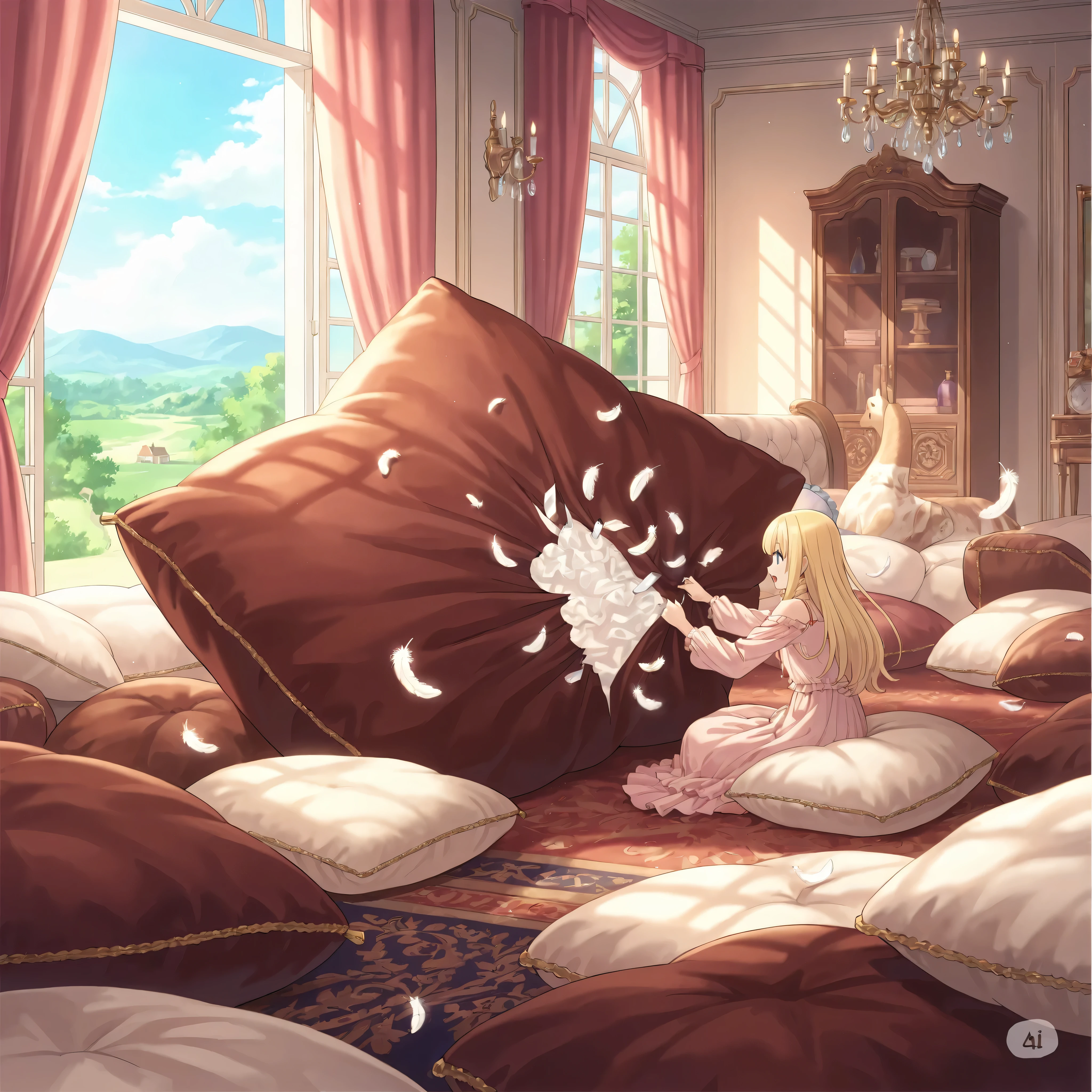 (score_9:0.9),score_8_up,score_7_up,negative_hand, realistic,LatifaPajamas, drill hair, blonde hair, blue eyes, pink pajamas, frills, off shoulders,over elbow glove, underwear, lingerie, panties, satin, 1girl, solo, nsfw, full body, whole body view, open mouth, indoors, luxury room, luxury bedroom, bed, on bed, king size bed, blue bedsheet, blue duvet, blue comforter,pillow, frilled pillow, (((blue satin pillow))), lace pillow, euro patterned pillow,exquisite pattern pillow, luxury pattern, Pillow on the bed, many large pillows on everywhere, canopy, large pillow, giant pillow, oversize pillow, pile of pillows at the background, pile of pillows on the floor, many pillows on everywhere, knife, ripping pillow, destroying pillow