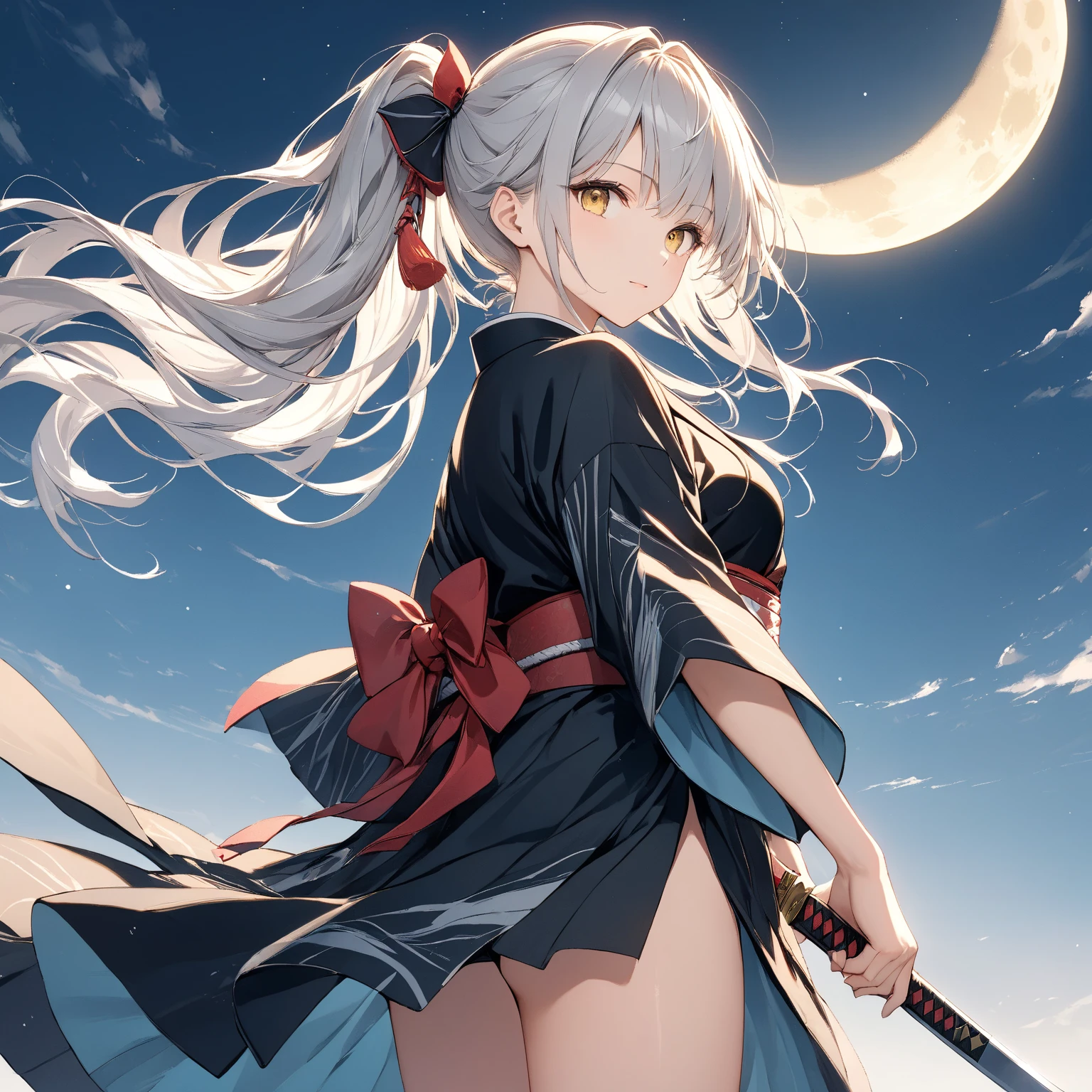 A 25 year old Japanese slender lady, silver ((loose curly hair))smooth curly hair and blue ((streaked hair))highlights hair, wearing only a black Japanese traditional dress with silver lining , looks really calming and beautiful and cool, at a beach in midnight, spreading her left arms forward, a bit windy scene, smiling passionately under the moonlight, looking back pose