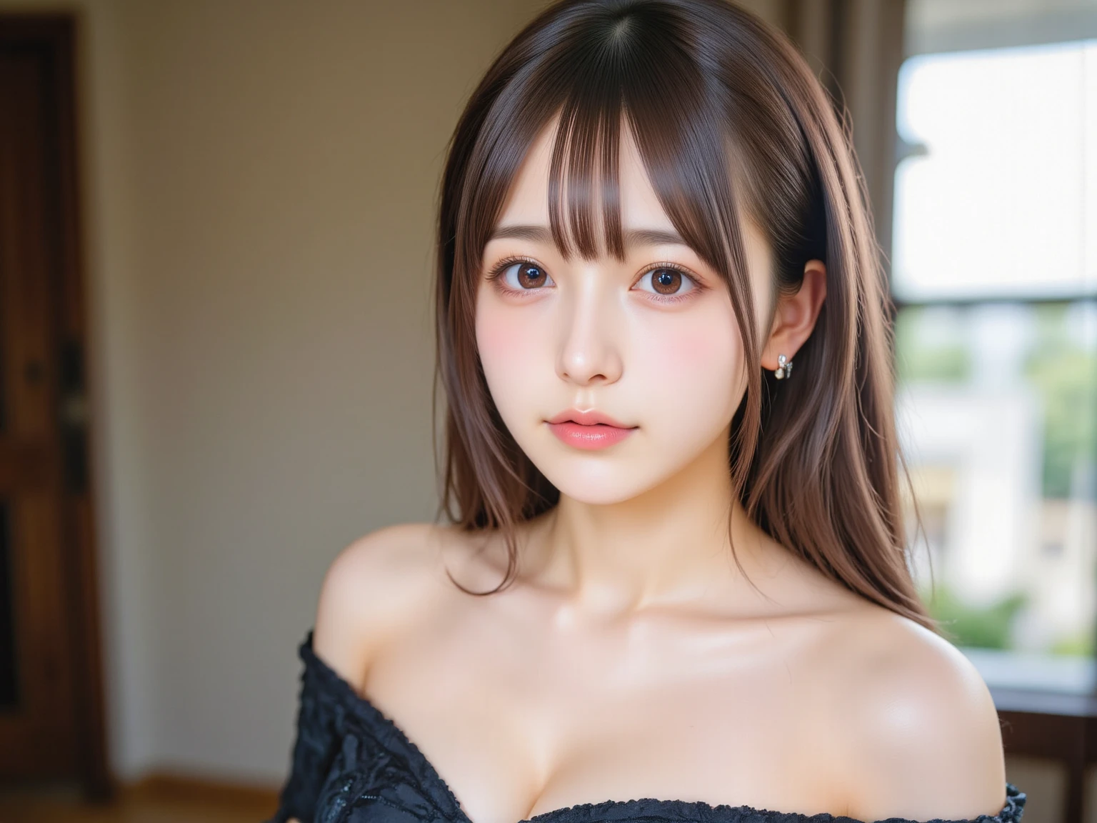 Tabletop, Highest quality, shape, Very detailed, finely, High resolution, 8k wallpaper, 完璧なダイナミックな構shape, Beautiful and detailed, Gorgeous black fluffy Tokyo winter wear,ランダムなcute髪,Small breasts,Natural color lip, Bold sexy pose,smile、20-year-old girl、cute、sexy shot looking at camera,常にBlur the background,Perfect and beautiful face,Take a picture of only the face,Beautiful and dense face、Slim face and figure,Big eyes、Putting on gal makeup,Blur the background,Blur the background,Face close-up