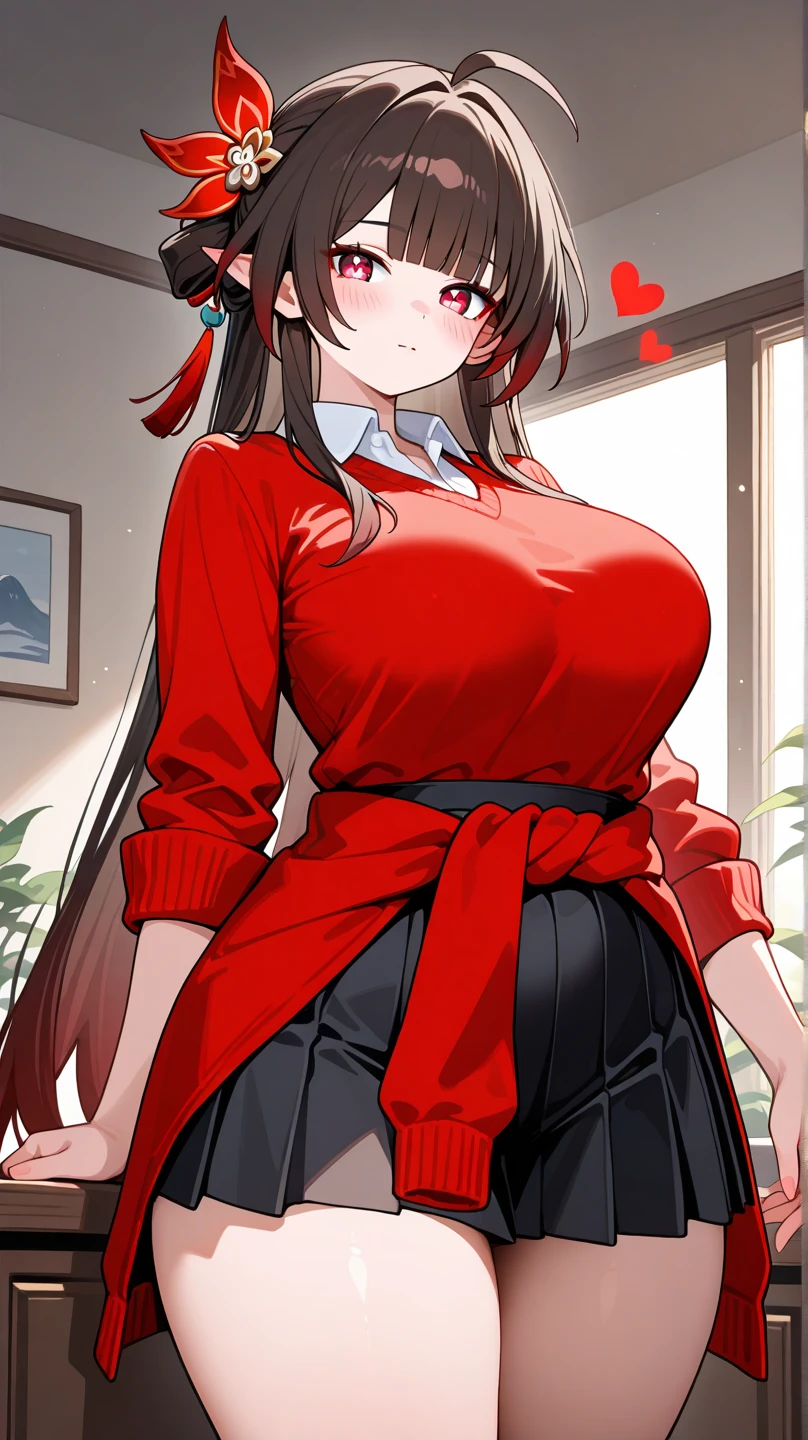 A short chubby woman wearing formal colorful dress. Glasses, long black hair, dull dark eyes. Large breasts. Detailed Background.