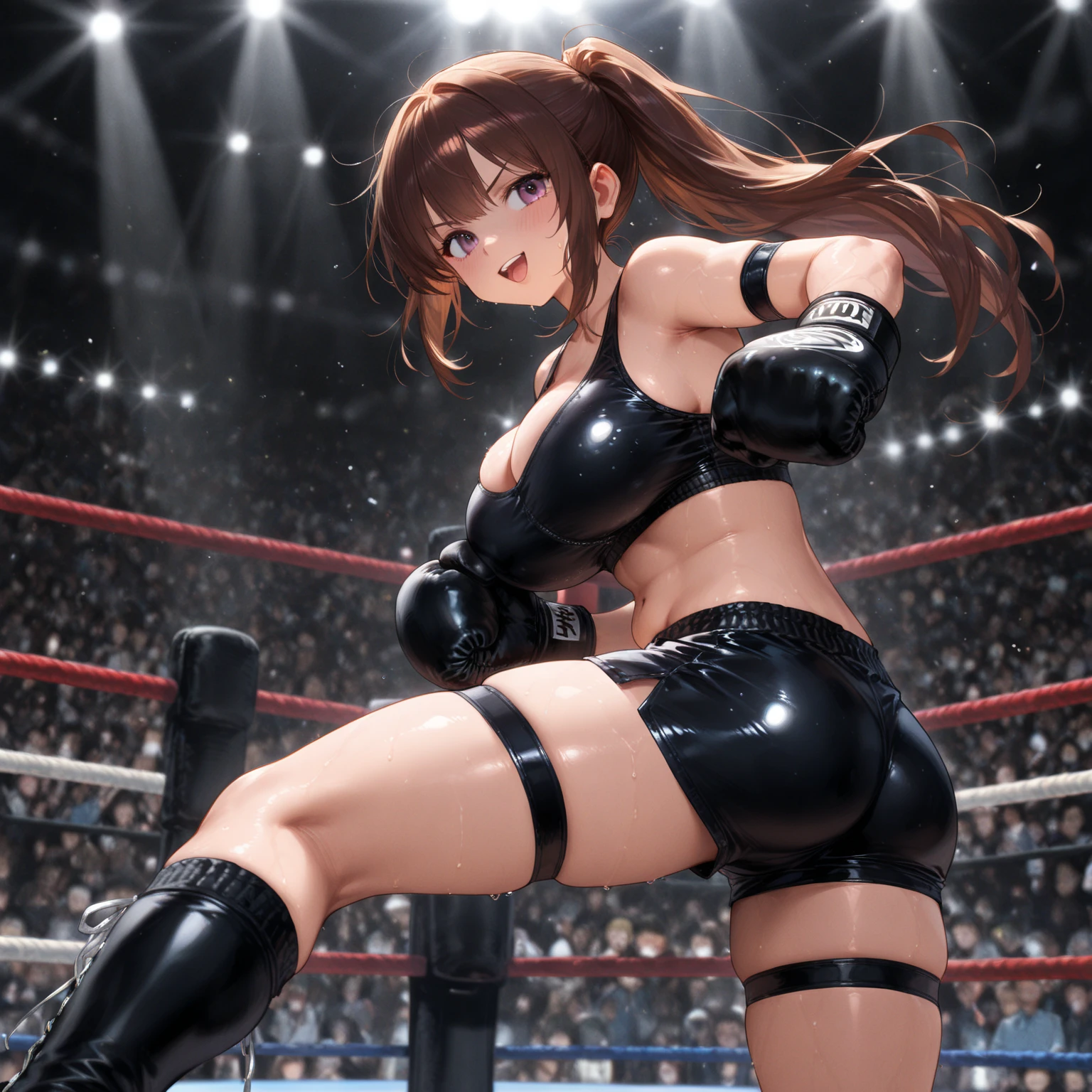 individual,Beauty,Realistic boxing gloves,Knee socks,black swimsuit,miniskirt,sexy,Big breasts,long legs,cleavage,Boxing ring,sweating,8k,Super detailed,high quality,long hair,Cat ear,nipple