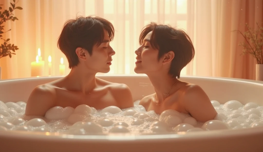 close up, the 90s movie scene, two young man kissing in a house made by water with filled of full variety of fishes and pink flowers in the room, a scene shot by chen jiru, featured on tumblr, aestheticism, made of pink flowers, handsome, movie still, 1990s, kim taehyung and jeon jungkook, film grain, snowy day, house underwater