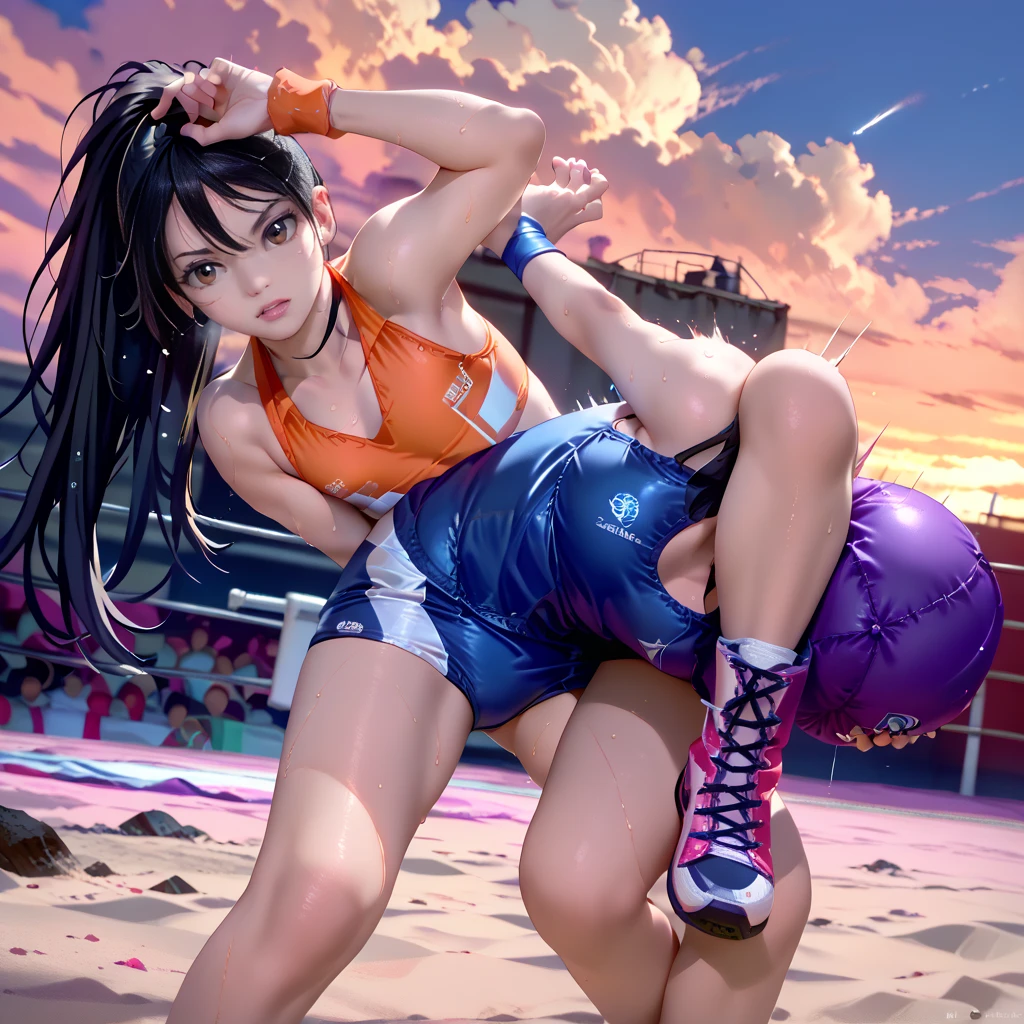 short black hair, with slightly messy bangs. Dark, penetrating brown eyes. Thin and marked build. She wears torn black shorts, blue tennis shoes, and a pink navel blouse with straps. He has an axe in his right hand and a backpack on his back. Busty.