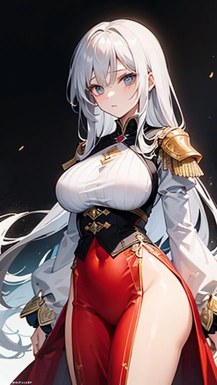 shenhe(impacto genshin), shoulder cutout, tassel, hip ventilation, Braided ponytail, hair over one eye, 1 girl, White background, glaze, blue colored eyes, Braid, hair ornament, jewerly, clothing cutout, ashen hair, standing alone, White hair, breasts big, mitts, simple background, long hair, aretes, May, partially fingerless mitts, looking ahead at viewer, chest curtain, black May, black mitts, parted lips, covered navel