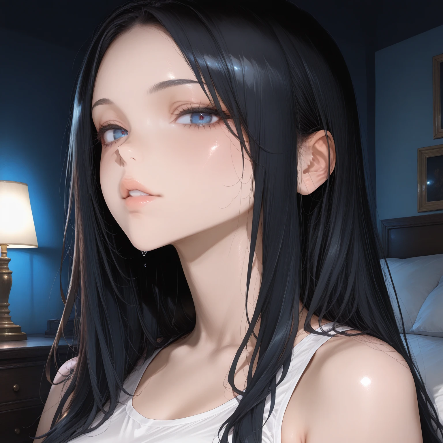 (8k, Original photo, highest quality, masterpiece:1.2,),((((((truthistic, photo truthistic:1.3)))))),(((Simple Background:1.2))),(((Shut your mouth.:1.3))),Ultra-high resolution,(Beautifuly delicate eyes), (8k, Original photo, highest quality, masterpiece),(truthistic, photo truthistic),Ultra-high resolution,Highly detailed CG synthesis 8k wallpaper,Sharp focus,(truth_skin, oily skin),Perfect Anatomy,thin and long,(Cinema Lighting), Break 1 Girl,bangs,Beautiful bright blue hair,Shiny long straight hair,(Love Hotel at Night),(thigh),Maid clothes,Full Body Shot,choker,Hollow Eyes,Thin eyebrows,Face like a Japan person,透き通ったskin,Slit eyes,Hollow Eyes,Medium chest,Small Nose,Natural Lip,Doll-like look,Obscene lines,sex slave,Upper body naked,(On all fours on the bed),Seductive pose