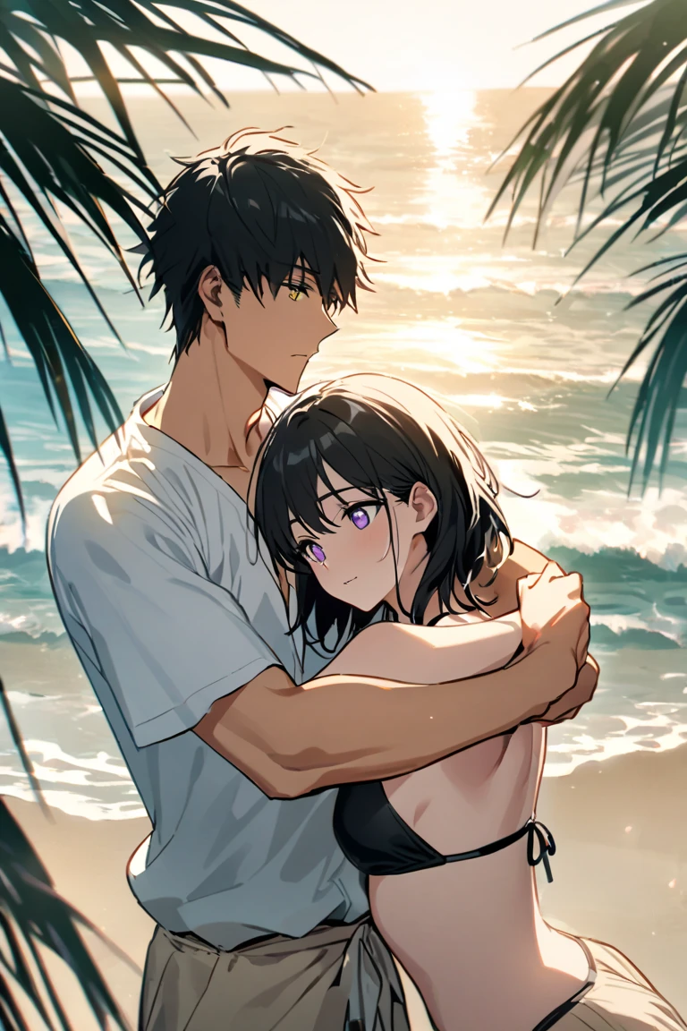 A young man with black hair and blue eyes, a girl with white hair, rode on the back of a man on the beach during the day.