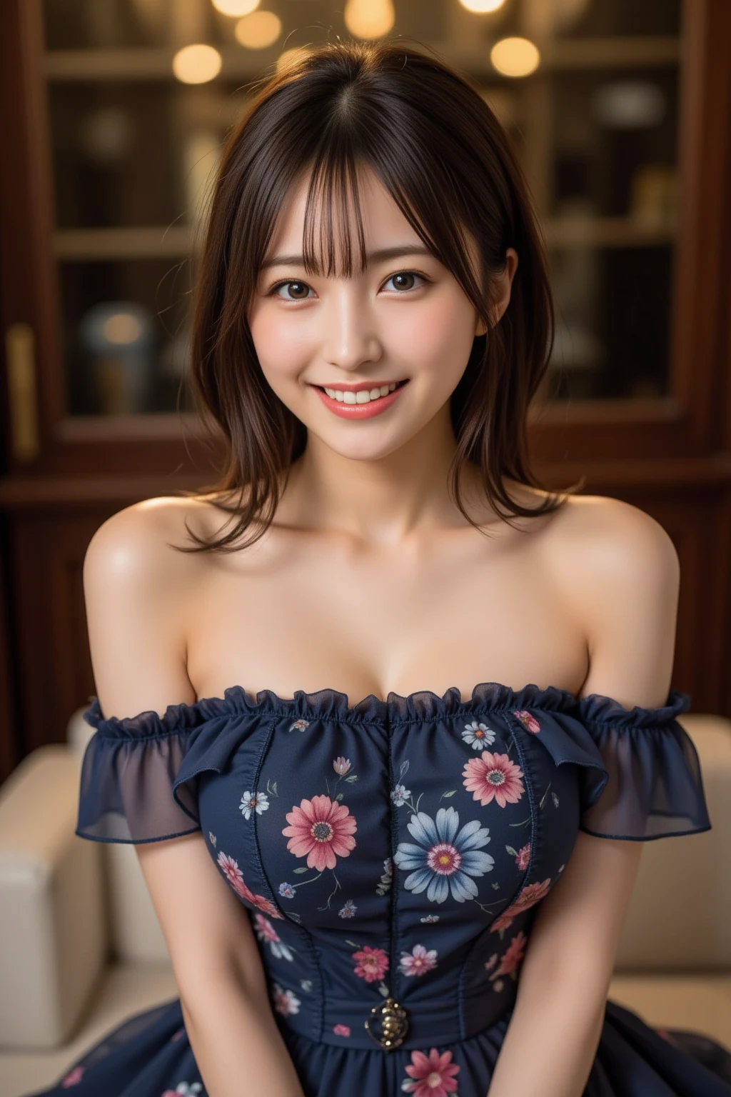 Hot Springs Footbath , Highest quality, shape, Very detailed, In detail, High resolution, 8k wallpaper, Perfect dynamic composition, Beautiful details, Natural Lip, Cute outfit, Big Breasts, Cleavage, She is smiling and posing cutely while taking a foot bath..., A masterpiece of the whole body, Side Short