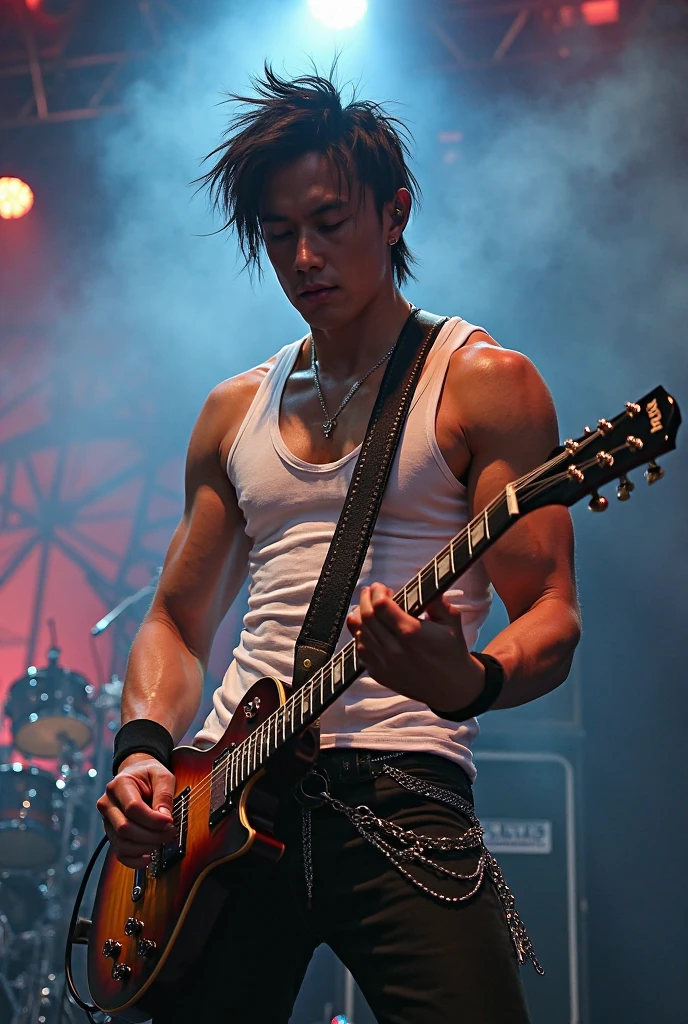 masterpiece, unprocessed photograph, ultra-high resolution, professional, bokeh effect, telephoto lens, cinematic lighting, high dynamic range, dust particles, solo male, twilight, musical group, frontman, microphone, live performance, stage, shirtless, ideal male, industrial aesthetic, neon illumination,
<lora:Velvia1:0.6>