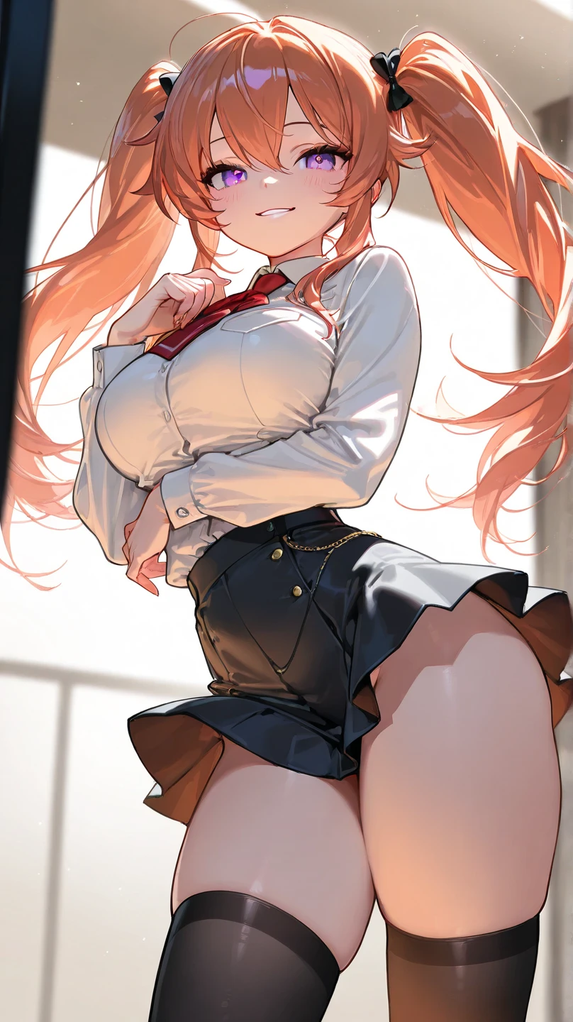 Realistic, Photorealistic, Colorful, Great lighting, Ultra-detailed, Dynamic Angle, Masterpiece, Solo, Perfect face, (Bright lighting:1.2),Beautiful detailed eyes, Extremely detailed face, Perfect lighting,Masterpiece, Best quality, {Hair (Castanhos escuros), (Long hair), (2 ponytails)},
Look up from below, on the floor on all fours, Classroom, Sunset,
Dark brown high school girls' uniform, Pleated skirt, Stockings, Glasses, ribbon, Sweaty, Wet body, Navel out, Thighs sticking out, buttocks, Large of breast, Slim, Slender, Translucent, Embarrassed expression, Blush