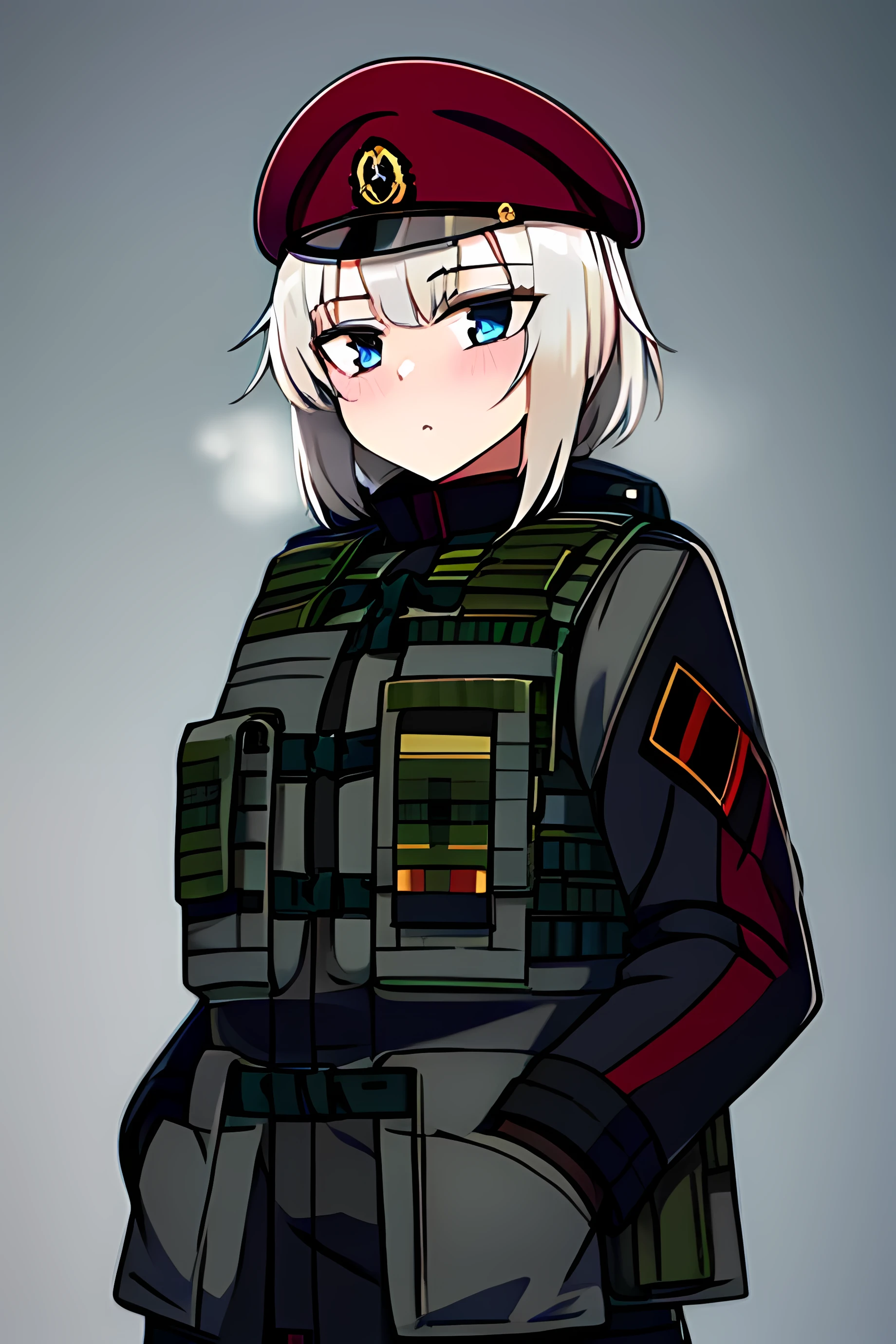 Masterpiece, solo, 1girl, 4k, standing, female soldier, bulletproof vest, winter camouflage uniform, white hair , blue eyes, flat breast, short hair, black gloves, British royal Marines, hands inside a pocket