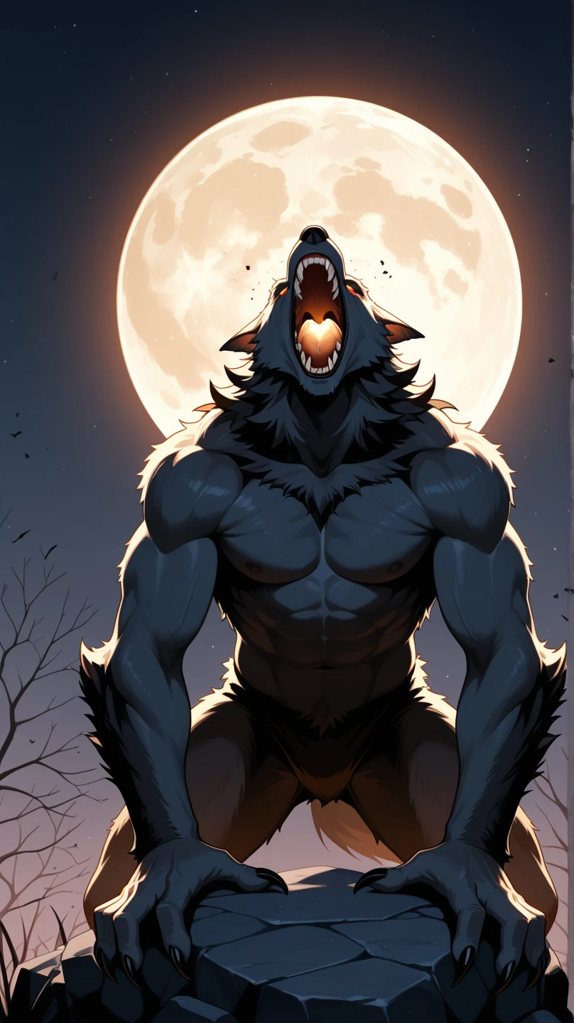 masterpiece,highest quality,1 boy,alone,muscular male,8k HD,extreme details,detailed background,masterpiece,muscular,muscular,naked, 全naked,anthro,(Ranshuu:1.3),Black wolf,facial hair,thick eyebrows,black body,wolf ears,wolf tail,thick tail,nail,月を見るBlack wolf,Red Moon,full moon