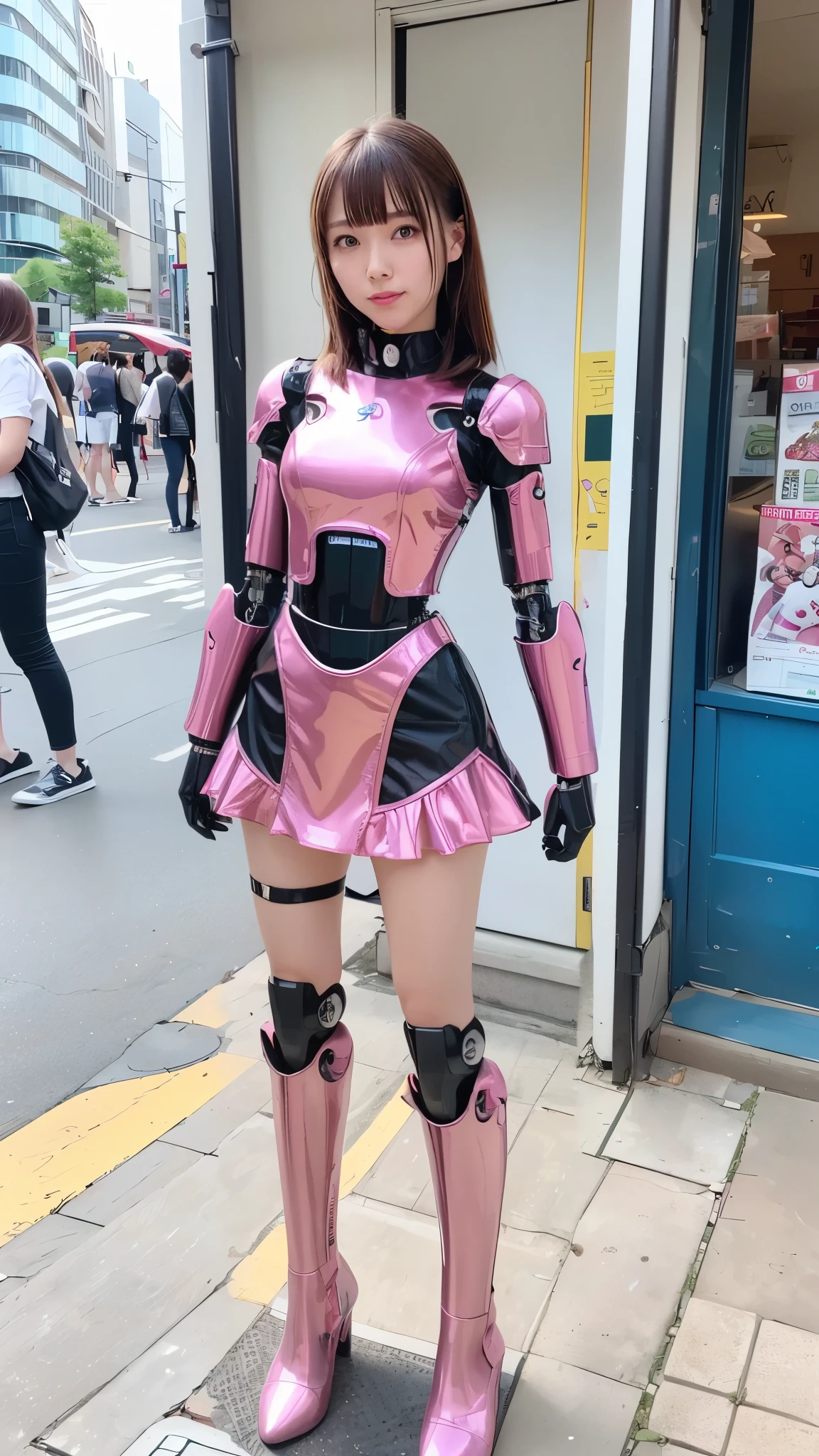 (Photorealsitic:1.4)、Onegirl、(top-quality)、(hyperdetailed face)、(Super well-formed face)、((Robot Parts))、(Cyborg girl)、(No headgear)、(metalic)、(fullllbody)、(sexy  pose)、(Slender body)、(Model body type)、(full body mech)、(akihabara)、(is looking at the camera)、(A dark-haired)、(１０Head and body)、(a small face)、(Idol)、(front facing)、(Standing with legs open)、(Hands on hips)、(Photo session)、(Looks sad)、(Cyborg girl in pale pink satin dress)、(sleeve less)、(a miniskirt)