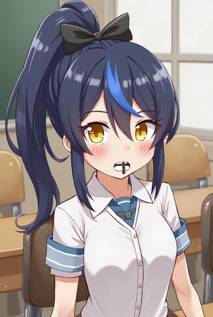 ((masterpiece, best quality)), high resolution,ultra detailed,8k,16k,detailed background, perfect lighting,detailed beautiful eyes, 1girl,nsfw,embarrassed,blush,show off breast,steam,sweat,look at viewer,(deep fellatio:1.4),(deepthroat:1.3),:>=,penis in mouth,oralsex,face focus,(from above,from front:1.2), (pov:1.4),provocative eyes,1boy,1penis,hetero,fisheye lens,tear,,matoba_risa,black_hair,twintail,yellow_eyes,(flat_chest,slender,fair skin,short body,short statur,dwarf),t-shirt,small office