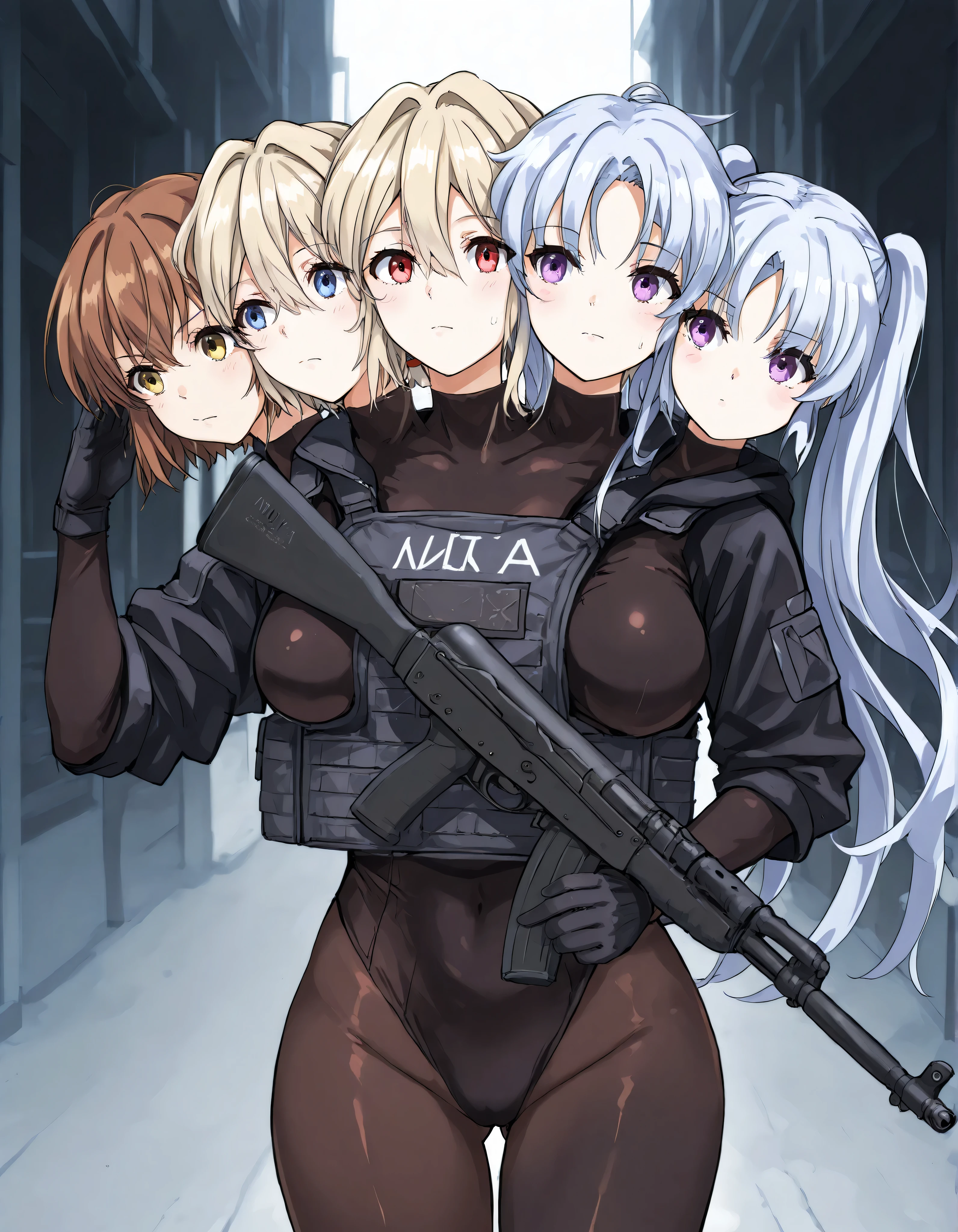 conjoined, 6girls, 6heads, six heads, a tall thin girls with 6heads, extra breasts, elaina, purple eyes and white hair, long hair, majo no tabitabi, misaka mikoto brown eyes and brown hair, short hair, A Certain Scientific Railgun, Yor Forger, red eyes and black hair, long hair, spy family, Tachibana kanade, yellow eyes and white hair, hatsune miku, blue eyes and blue eyes, twintails hair, Violet Evergarden, blonde hair and blue eyes, long hair, black leotard, black bodysuit, black pantyhose, bulletproof vest, loose black gaiters, black gloves, tactical gear, upper body, front shots, AK-74M,