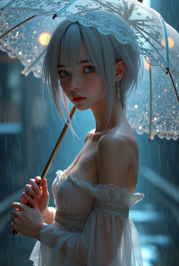 ((Best quality, 8k, Masterpiece: 1.3)), Sharp focus: 1.2, A beautiful woman with perfect body: 1.4, Thin abdomen: 1.2, ((Layered haircut, Large breasts: 1.2)), (No bra) (Small and beautiful hard nipple) (Thin and damp button up to shirt length: 1.1), (White shirt wet by rain), (Rain, Street: 1.2), Wet body: 1.1, Highly detailed facial and skin texture, Detailed blue eyes, double eyelid, white skin, sexy, exposed shoulders, cleavage --auto --s2