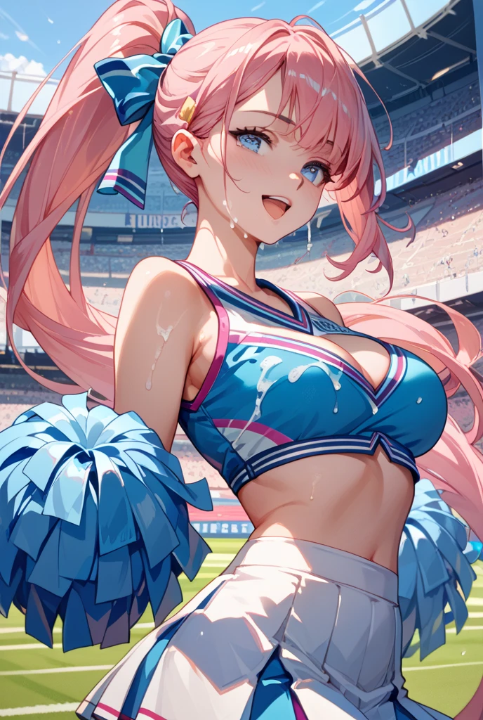 (細かく描かれたbeautiful目: 1.2), (small eyes and small face:1.3), (beautiful and clear background:1.2), (とてもbeautiful: 1.1), very detailed, sharp focus, intricate details, Glossy skin、dense hair description, detailed eye description, high quality, best image quality, master piece, 最high quality, High resolution, super detailed, one woman, ((Pink hair and pink eyes)), (Cheerleader:1.5), (pom pom:0.8), I'm rooting for you, (best smile), Angle of looking up、big breasts、perfect style、世界一beautiful、an illustration of a girl dressed in a cheer leading outfit poses for the camera in a yard, 1 girl, alone, pom pom (cheer leading), Cheerleader, pink shoes, pink skirt, raise your arms, absurd, 8K, High resolution, super detailed, beautiful, table top, 最high quality, very cute woman, young, sexy, (very big breasts:1.5), detailed woman's face, very attractive、Basketball court