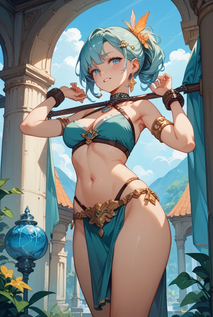 Amidst ancient ruins, viewed from a crumbling temple, the bronze-skinned Giantess Goddess with sapphire eyes surveys the scene in a golden armor gown. Normal-sized humans scurry like ants at her feet, but none can escape her crushing steps and deadly touch. She captures them effortlessly, pressing them against her cool, metallic skin, their cries of pain fueling her insatiable hunger for destruction.