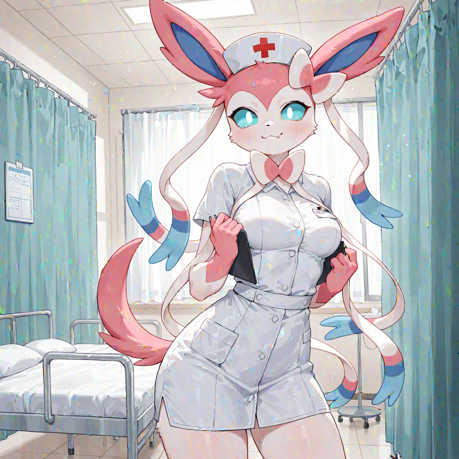 alone, score_9,score_8_up,score_7_up, anthro female sylveon, blue sclera, white eyes, nurse outfit, white panties, standing, hospital.