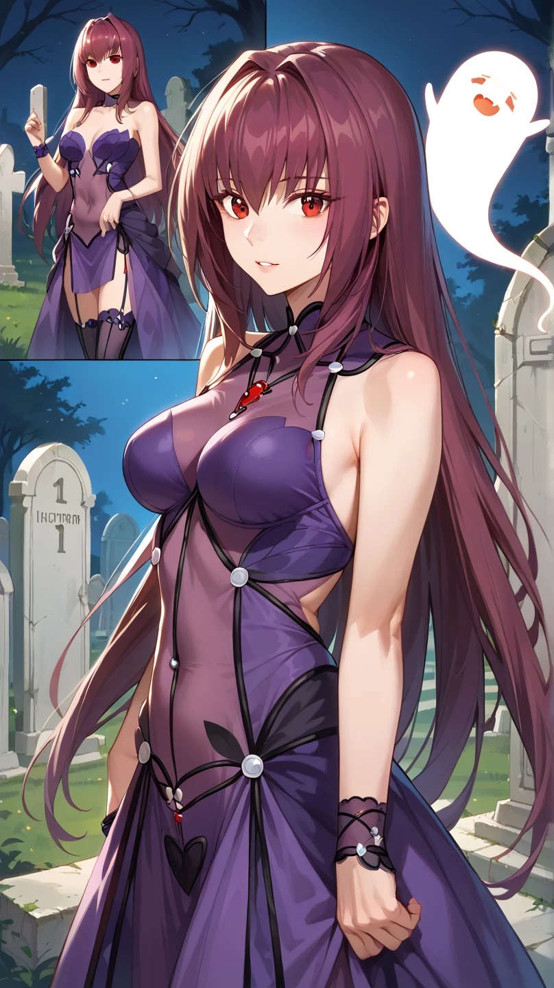 (Highest quality), (masterpiece),Black Hair, Purple Eyes, Purple kimono, Exposing shoulders, ,Fair skin, Long Hair, Long Bangs,  Small breasts, Confused eyes, snow, sexy, Cemetery, Cross Grave, jitome, evil grin, indian style, half closed eyes, Off Shoulder, ass pov, pale skin, flat chest, wavy hair