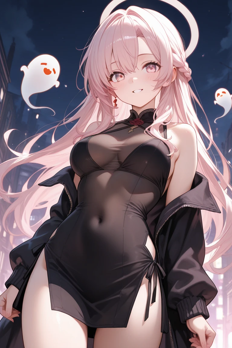 Original Character,8k, Masterpiece, Best Quality,Detailed, Beautiful Detailed Eyes,,cinematic composition,16 years old,1vampire girl,solo,pink eyes,white hair, long hair,((hair over one eye)),(((white skin like a vampire,pale skin,colored skin))),sharp teeth,large breasts,(white mini tank top,white mini skirt),cleavage,(bare belly,bare navel),(pink halo),white collar,elf ear,blush,((standing in front a stones ruins in night,cutes ghosts around)),night,white skin,colored skin,crazy Eyes,Crazy Smile, Shaded Face,yandere, yandere,teeth,closed mouth,cowboy shot