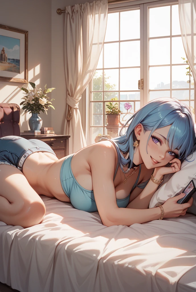 (masterpiece, best quality), photorealistic, cinematic, anime girl, 1 girl, ((full-body shot:1.5)), head to toe visibility, perfect anatomy, curvaceous body, alluring, perfect eyes, ((lips slightly parted:1.5)), perfect hands, medium-sized breasts, round ass, long round legs, in peaceful slumber, ((the woman with blue hair sleeps on one's side serenely:1.5)), ((her hair cascades over the pillow:1.5)), her nightwear is a simple yet elegant ensemble, a navy blue silk pajama set that shimmers in the moonlight, her blanket echoes the calmness of the ocean, a soft aqua color with a delicate pattern resembling ripples on water, cradling her in a sea of dreams, extremely detailed Artgem, ig model, artgem, alena aenami and artgem, krenz cushart and artgem, artgem and atey ghailan