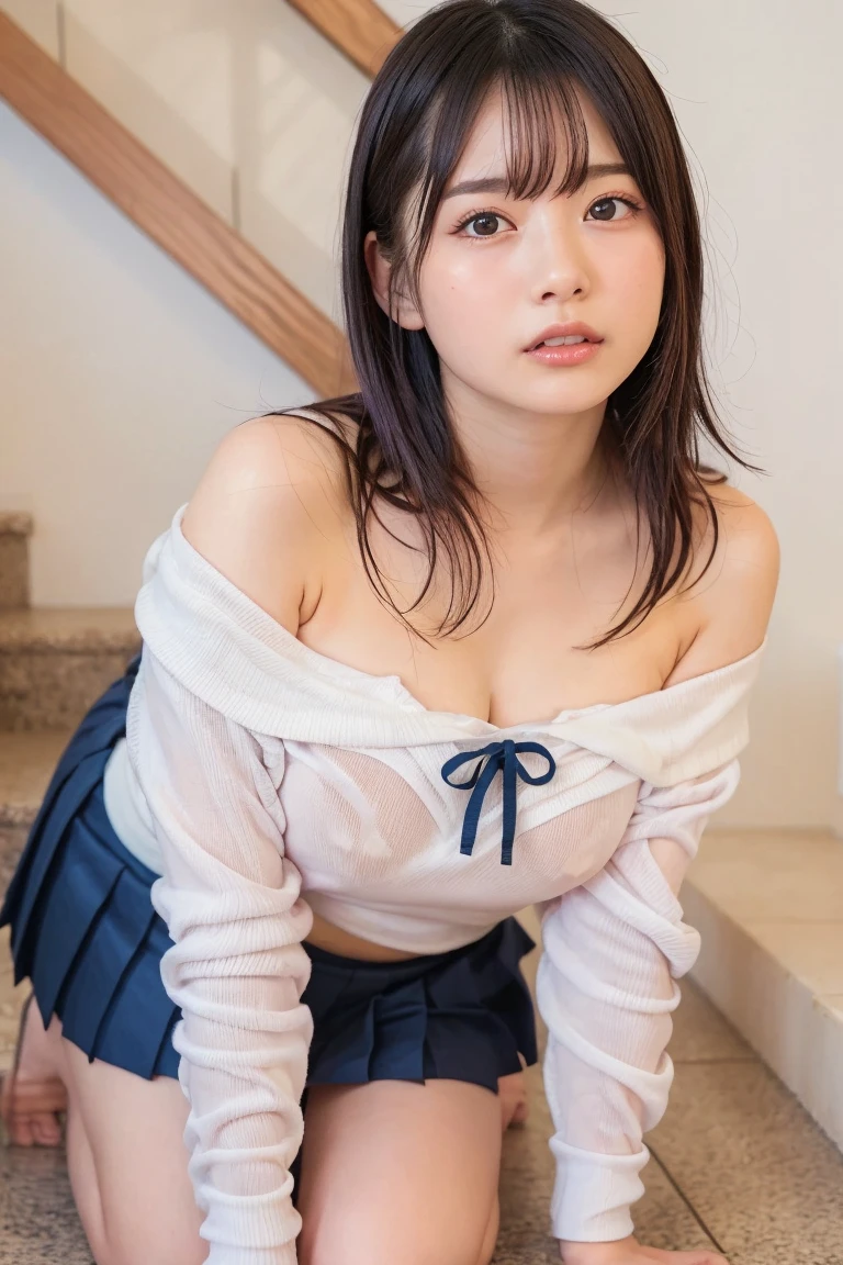 1 girl(Photoreal)、(Super high realism)、(ultra high resolution)、(Ultra high detail)、 (14 year old girl、small face、Extremely beautiful face, natural makeup)(fair skin、Smooth skin、realistic texture)(sparkling eyes)cute face、beautiful expression、sticking out lips(lifelike face)、Beautiful butt-length ponytail、realistic eyes、natural makeup、beautiful details、(realistic skin)、beautiful skin、round beautiful breasts、beautiful cleavage、thin waist、big ass(Tank top that shows cleavage、knee high boots、Japanese cute idol、tartan check)((super tight mini skirt)) gentle smile、Brown hair、Bedroom、Bed((put your head on the pillow、sleep:1.))、thin waist、(((Full body shot from above)))、Movie Writing、reflex board、face light、arms raised