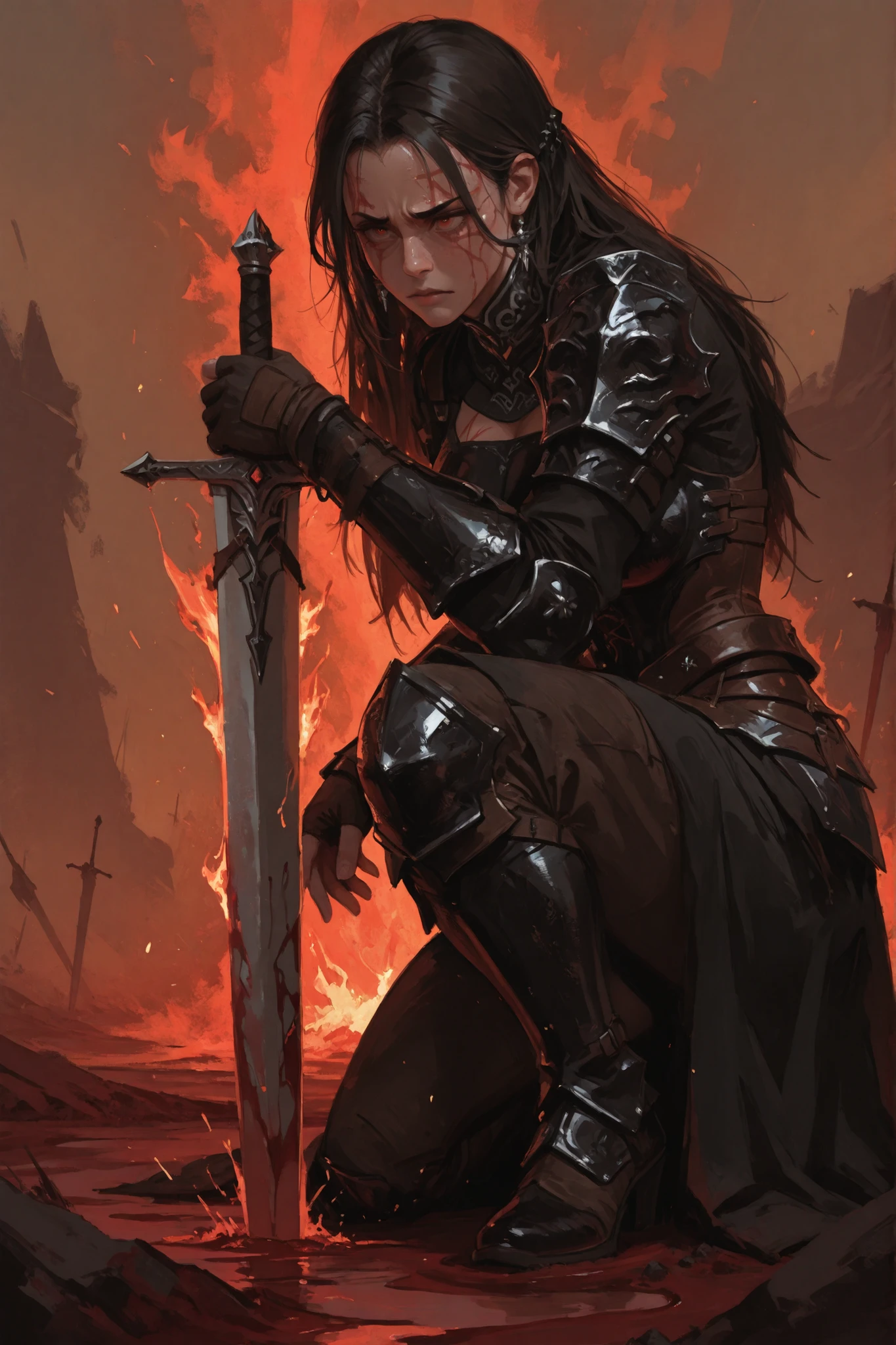 A formidable Viking, whose fiercely beautiful face is a canvas of stoic determination, marked by the scars of past battles. Her furrowed brow reveals a deep, contemplative seriousness that conceals an unbreakable spirit. Her body, a testament to her warrior heritage, is sexy and powerful, with curves accentuated beneath the taut leather armor and low-cut fabric that hugs her. Despite the grime and dried blood that cling to her like a second skin, her allure is undeniable, a stark contrast to the starkness of her warrior attire. The angle of the shot is low, casting a dramatic shadow that elevates her stature and emphasizes the gravity of her gaze, which lingers on the horizon. She squats, her right hand resting on the pommel of a mighty sword, the blade buried in the earth at her side, a crimson river of blood tracing its way to the ground. The light divides, with the sun setting behind her, casting a warm, fiery glow that silhouettes her imposing profile and highlights the intricate details of her armor. The scene is one of pause and reflection, a moment of quiet determination before the storm of her coming battle. Her eyes, though weary, shine with unbridled passion for the coming struggle, as she prepares for the challenges that await her beyond the distant frontier where heaven meets earth.
