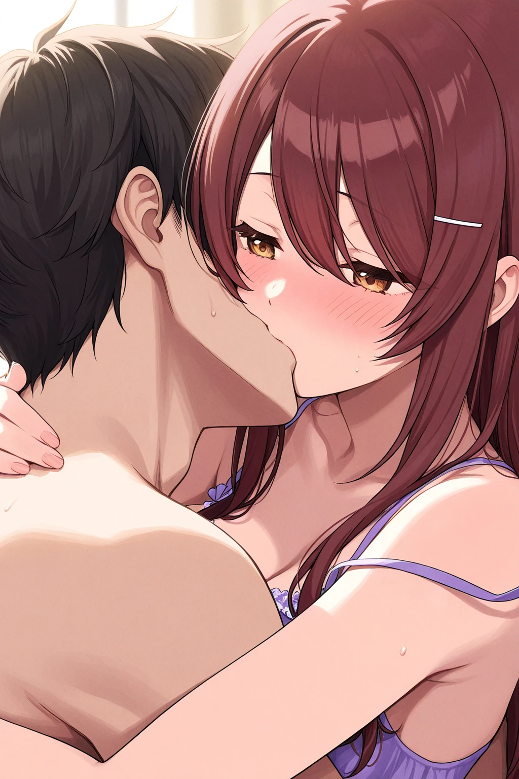A naked brunette girl with brown hair and green eyes blushing pressing a man's face against her pussy, pussies, urine, lick, sex. Cunnilingus, sex, pussies, urine