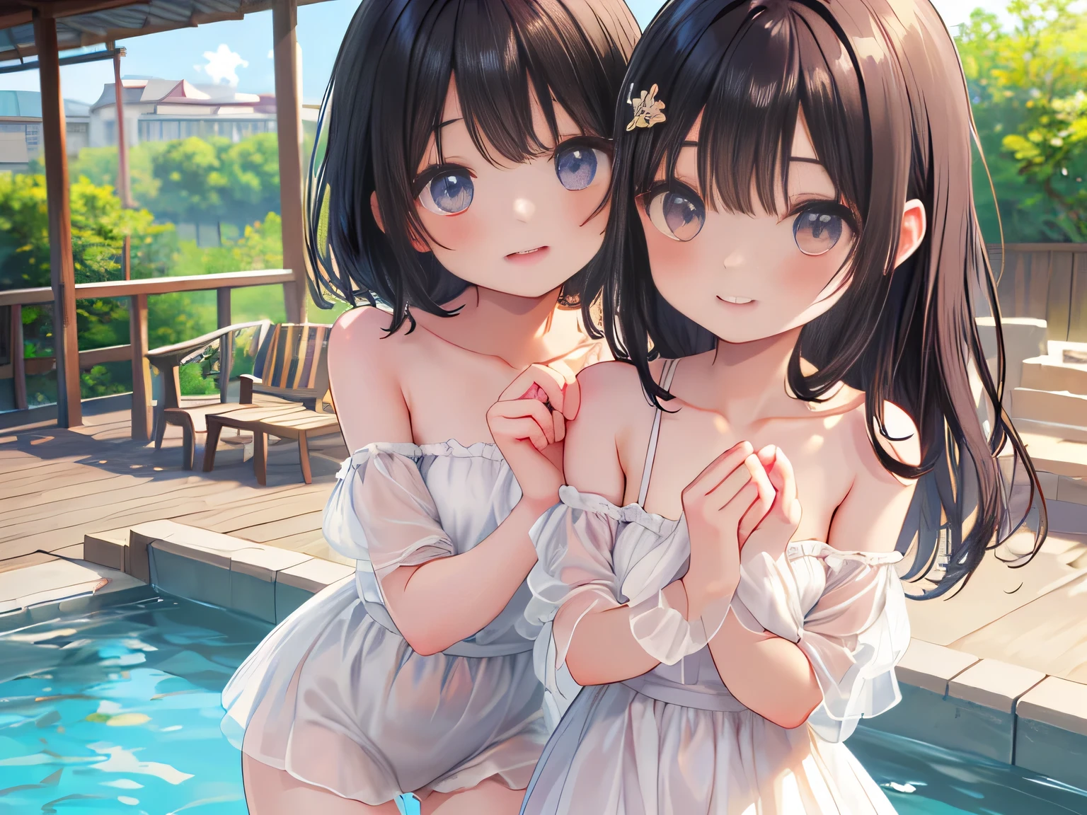 Very detailed, highest quality, High resolution, Moe Anime, (((4 cute girls with droopy eyes))), (Black Hair:1.4), ((Baby Face)), Blue Eyes, Sparkle in the eyes, Big eyes, tareme, View your viewers, Pale skin, Focus on the face, In the park with cherry blossoms falling, ((The upper half of the body is a see-through lace negligee, and the lower half is naked.)), ((nsfw)), ((Very short hairstyle:1.5)), (Slightly below:1.2), (arms behind back:1.6), ((Flat Chest:1.4))