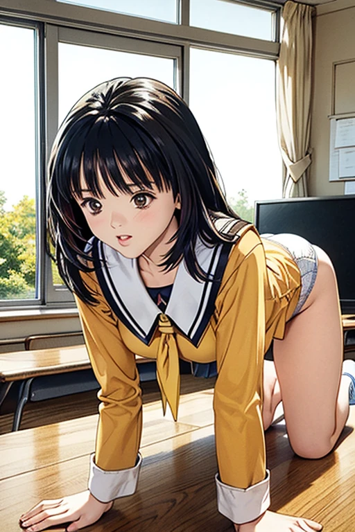 full nude、girl、cute 、pubic hair、濃いpubic hair、tits、small breasts、nipple 、NSFW、thighs、(yoshizuki_Iori,School_uniform_purple_shirt_green_skirt_white_neckerchief_black_Thighhighs)