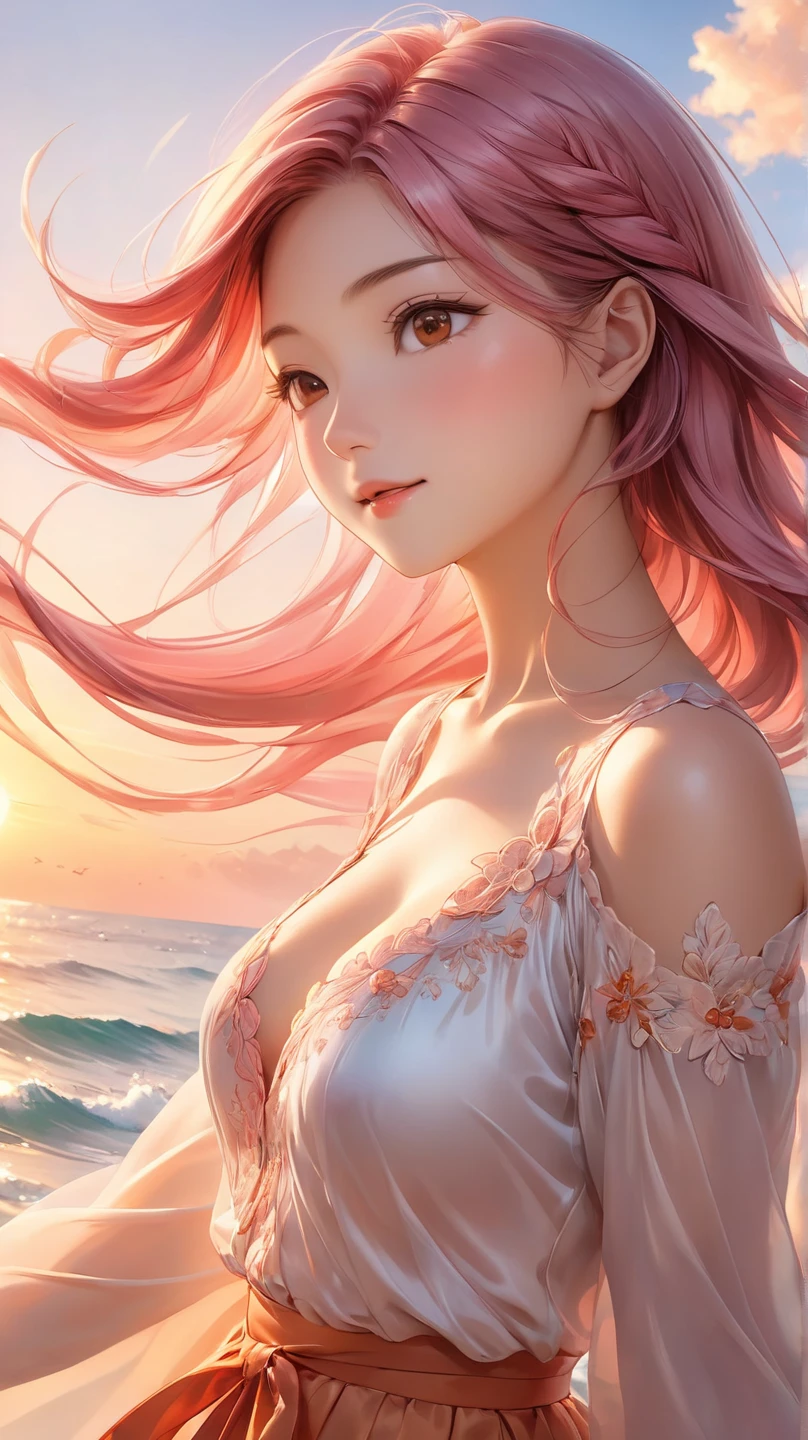 Ultra clear, ultra detailed, delicate facial features, perfect figure, seaside, natural light, long red hair, bright eyes, long eyelashes, pink slip dress, starfish, shells, pearl hair accessories, mermaids