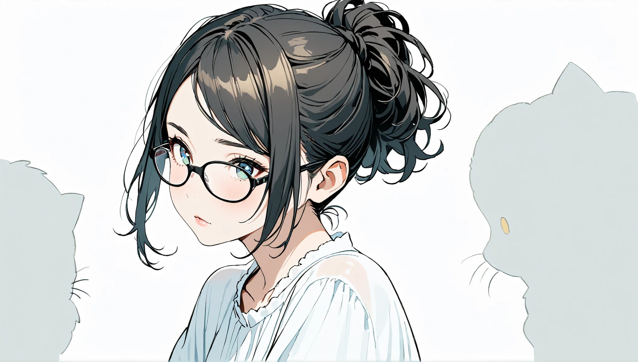 (white background))、((alone)),、(()),((Facing a black cat)),((),((Front view)),Unruly Look,((black hair ponytail hairstyle)),(((black-rimmed glasses))),masterpiece, Highest quality, Beautiful attention to detail, Very detailed, In detail, High resolution, ((White blouse))),Perfect Anatomy, , , Girl, (One person:1.5), alone,